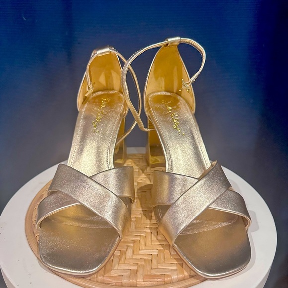 Lilly Pulitzer “Kendall” Gold Ankle Strap Heels SZ 7 - Picture 2 of 9